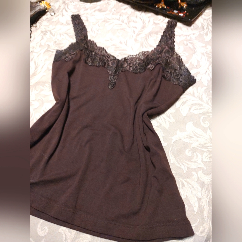 🔸🤎🔸Feminine Vintage Chocolate Brown Floral Lace Camisole Tank Top Blouse - M - Picture 7 of 16